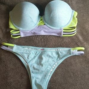 Light blue long line strapless bathing suit top